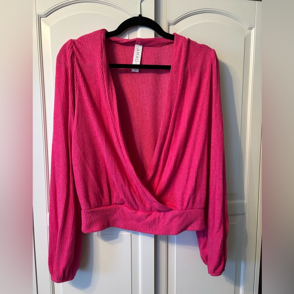 Amadi V Neck Pink Ribbed Wrap Sweater